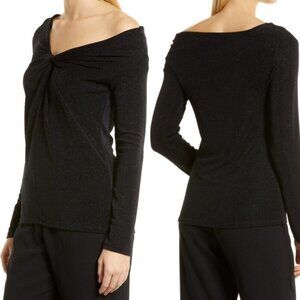 Nordstrom‎ One Shoulder Sparkle Twist Neck Long Sleeve Top Size XS Black Blouse